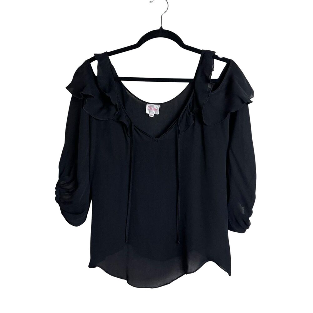 Parker Blouse Womens Small Black 100% Silk Ruffle Cold Shoulder Top Lightweight